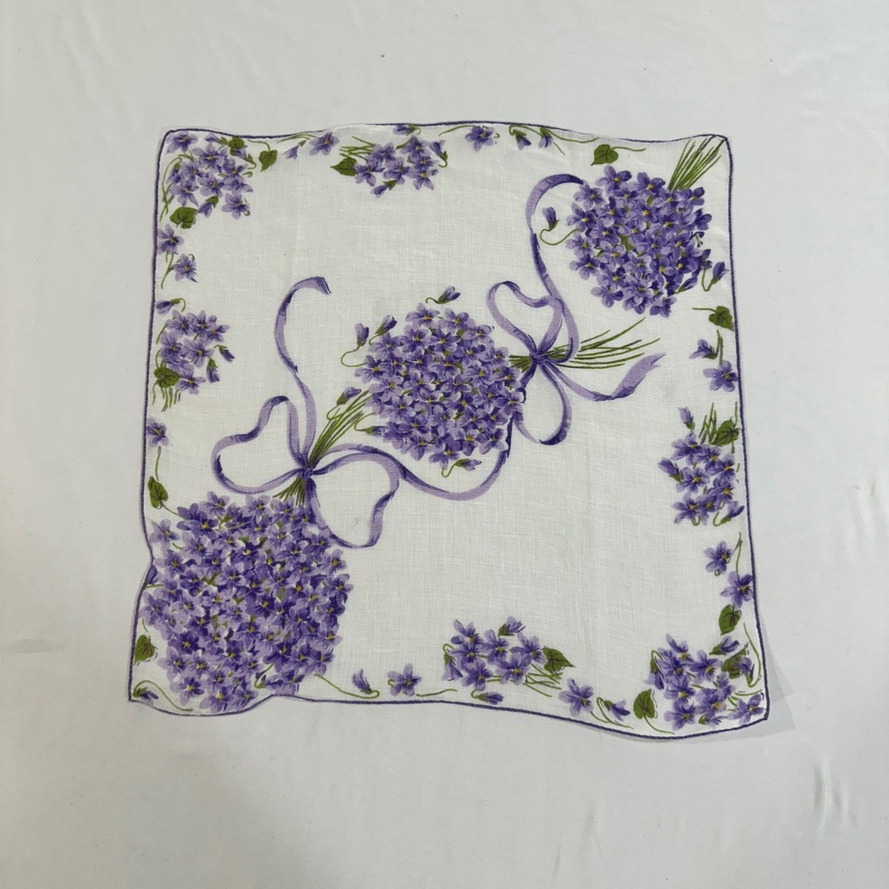 Vintage Purple Violet Floral Handkerchief White Linen Scalloped Pocket Square